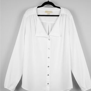 Michael Kors White V-Neck Button Front Blouse - Size 10 -Pleated Shoulder & Back